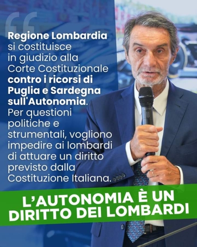 Fontana in difesa dell'autonomia lombarda: Non si tolga ai cittadini questo diritto sancito dalla Costituzione